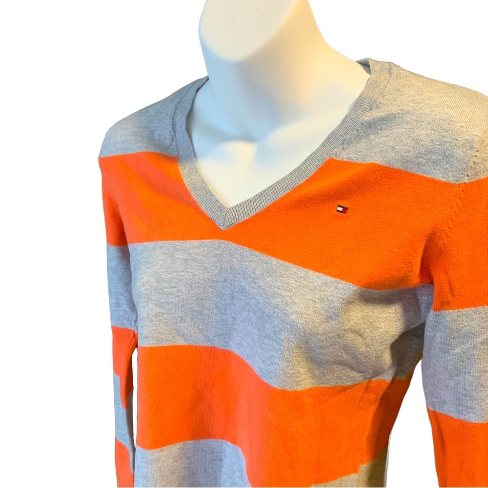 Tommy HILFIGER V-NECK ORANGE & GREY STRIPED SWEATER SIZE XS
